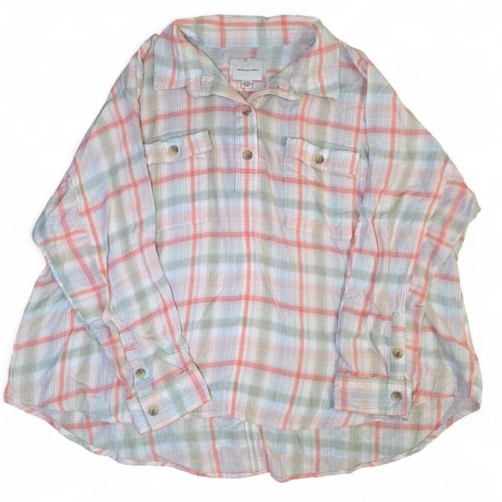 American Eagle Oversized Plaid Button-Up Shirt XL Pink Blue Cottagecore